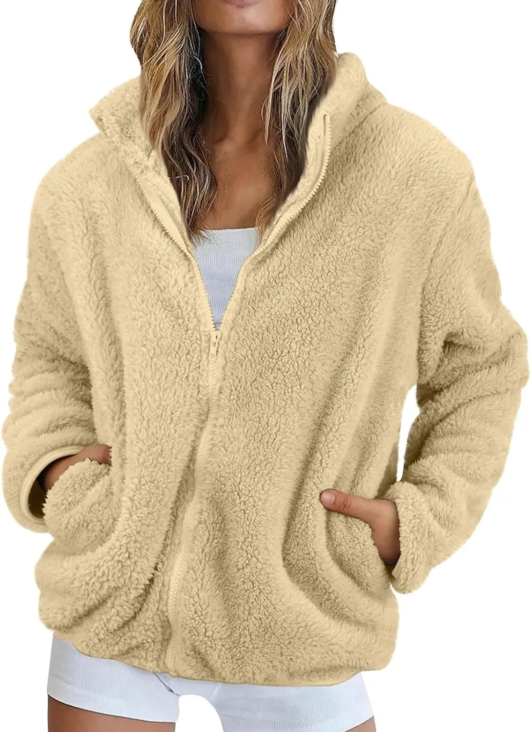Womens Sherpa Fleece Jackets Full Zip Soft Warm Fuzzy Jacket Stand Collor Winter Outerwear with Pockets