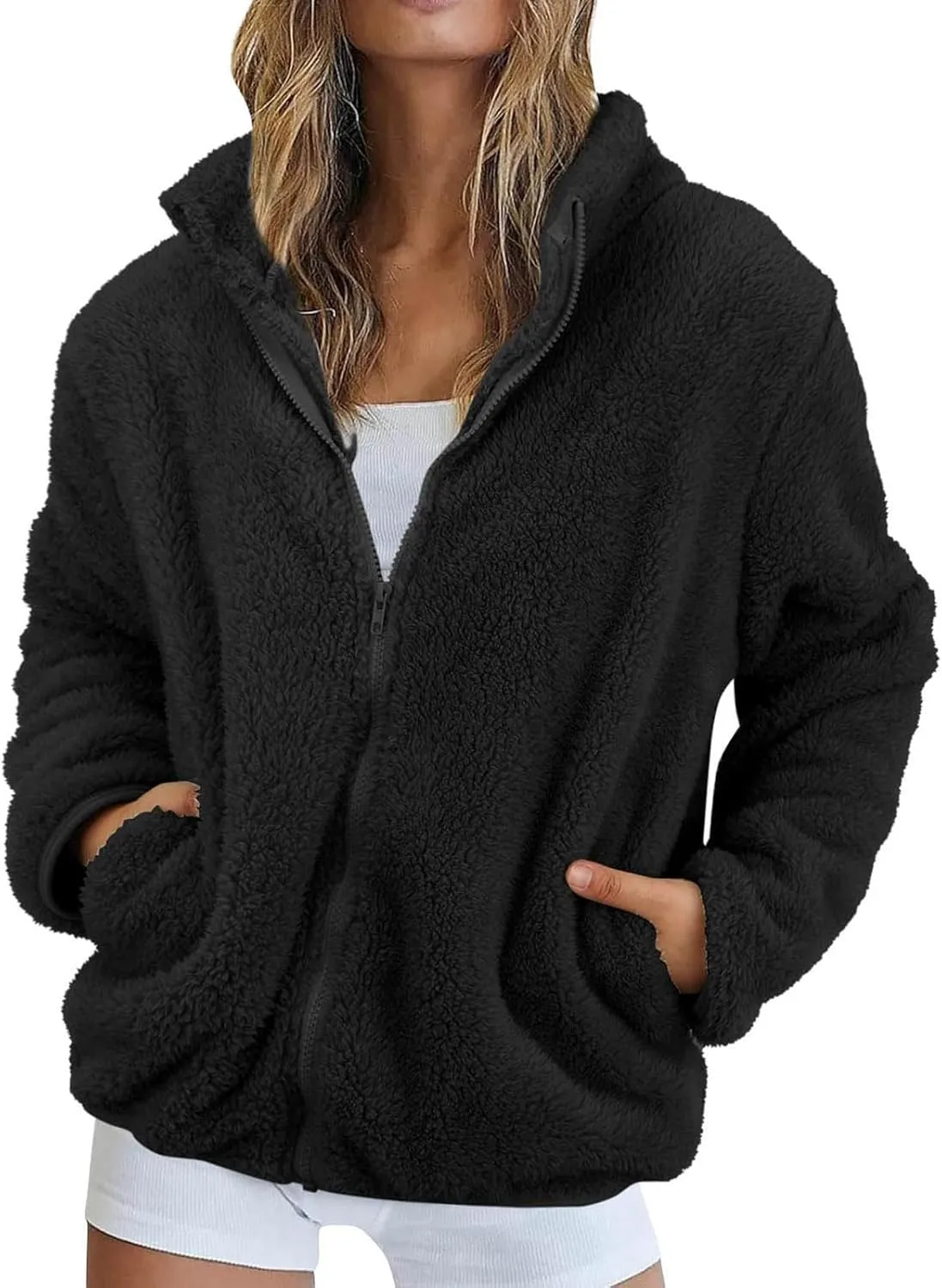 Womens Sherpa Fleece Jackets Full Zip Soft Warm Fuzzy Jacket Stand Collor Winter Outerwear with Pockets