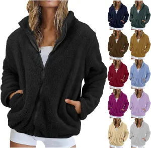 Womens Sherpa Fleece Jackets Full Zip Soft Warm Fuzzy Jacket Stand Collor Winter Outerwear with Pockets