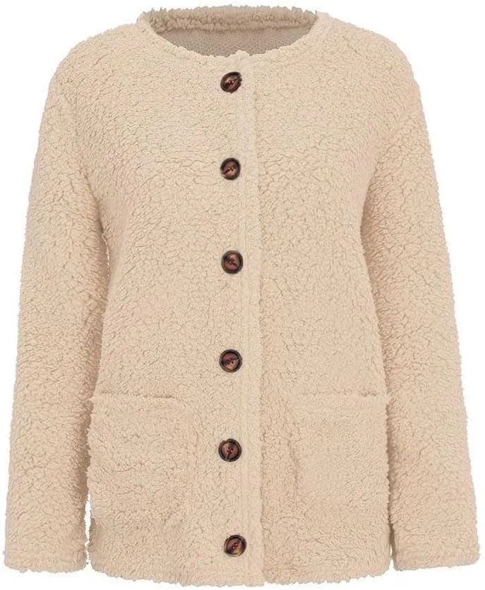 Womens Sherpa Jacket Plus Size Fuzzy Cardigan Open Front Fleece Jacket Long Sleeve Button Down Warm Coats