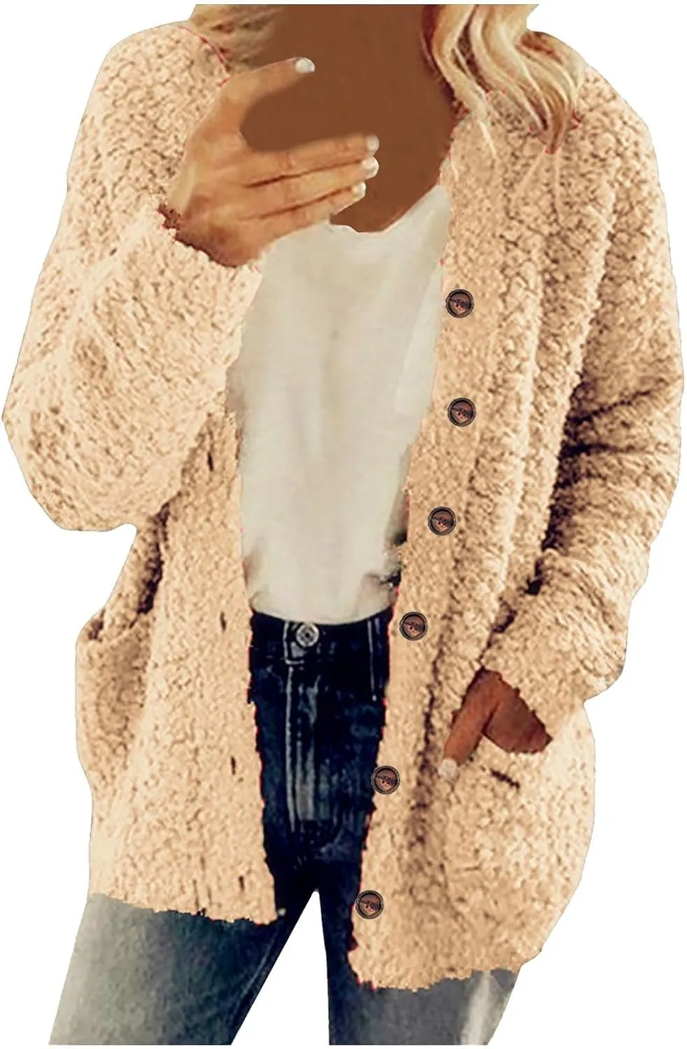 Womens Sherpa Jacket Plus Size Fuzzy Cardigan Open Front Fleece Jacket Long Sleeve Button Down Warm Coats
