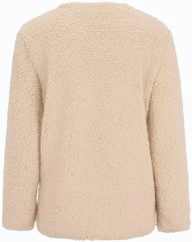 Womens Sherpa Jacket Plus Size Fuzzy Cardigan Open Front Fleece Jacket Long Sleeve Button Down Warm Coats