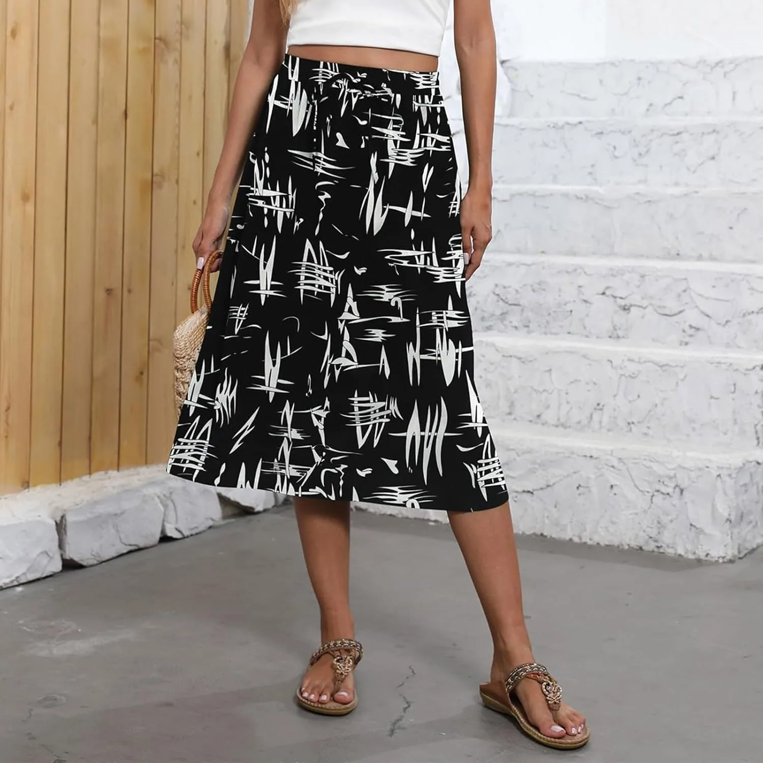 Womens Skirts Summer Midi Skirt Drawstring High Waisted Knee Length Skirt Pleated A-Line Swing Skirts with Pockets