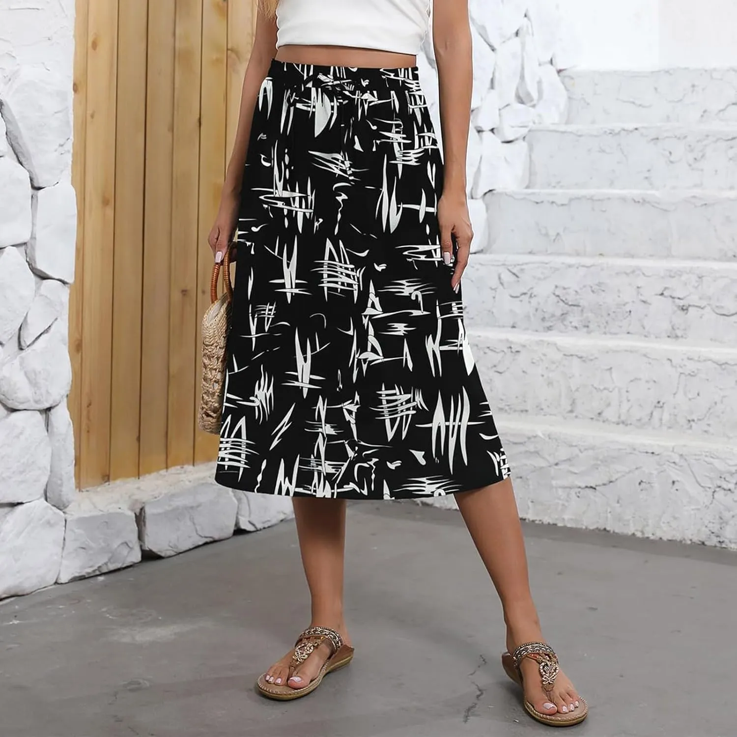 Womens Skirts Summer Midi Skirt Drawstring High Waisted Knee Length Skirt Pleated A-Line Swing Skirts with Pockets