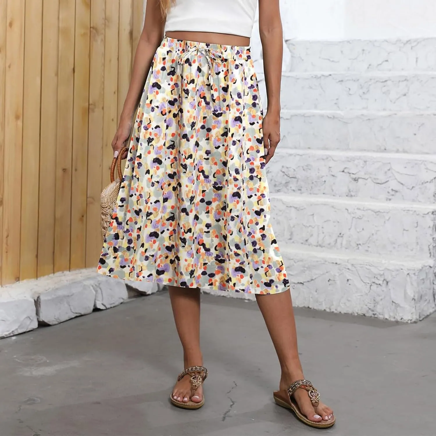 Womens Skirts Summer Midi Skirt Drawstring High Waisted Knee Length Skirt Pleated A-Line Swing Skirts with Pockets