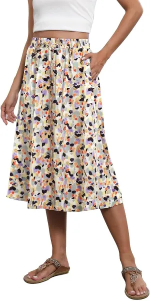 Womens Skirts Summer Midi Skirt Drawstring High Waisted Knee Length Skirt Pleated A-Line Swing Skirts with Pockets