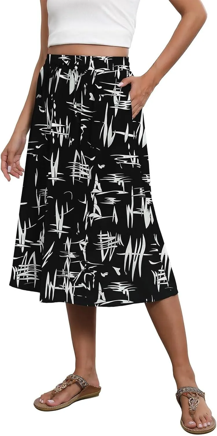 Womens Skirts Summer Midi Skirt Drawstring High Waisted Knee Length Skirt Pleated A-Line Swing Skirts with Pockets