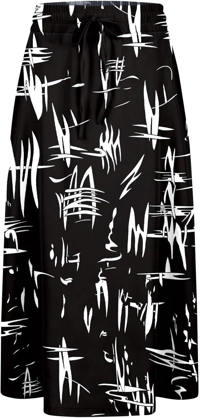 Womens Skirts Summer Midi Skirt Drawstring High Waisted Knee Length Skirt Pleated A-Line Swing Skirts with Pockets