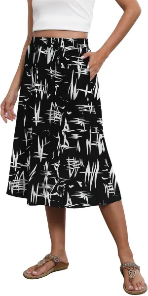 Womens Skirts Summer Midi Skirt Drawstring High Waisted Knee Length Skirt Pleated A-Line Swing Skirts with Pockets