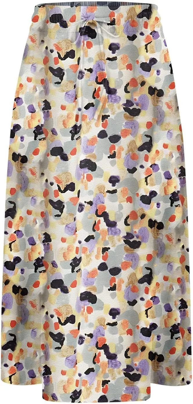 Womens Skirts Summer Midi Skirt Drawstring High Waisted Knee Length Skirt Pleated A-Line Swing Skirts with Pockets