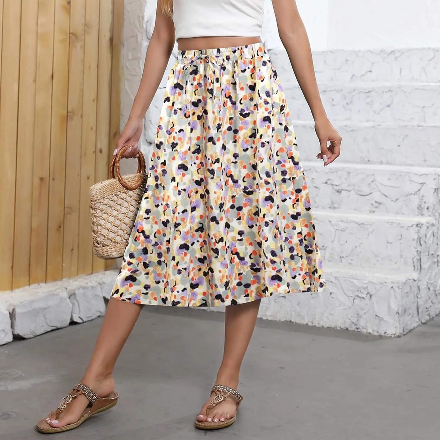 Womens Skirts Summer Midi Skirt Drawstring High Waisted Knee Length Skirt Pleated A-Line Swing Skirts with Pockets