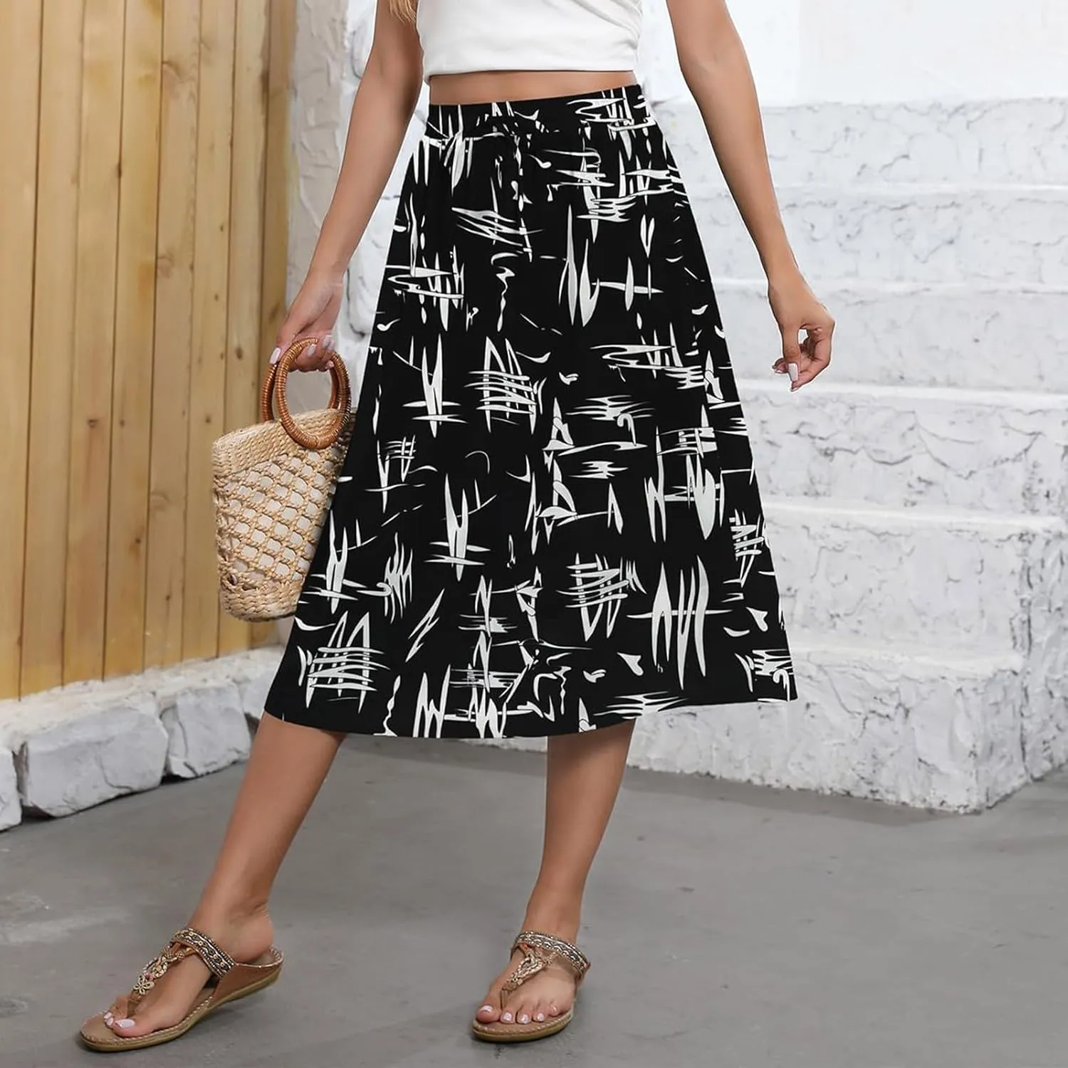 Womens Skirts Summer Midi Skirt Drawstring High Waisted Knee Length Skirt Pleated A-Line Swing Skirts with Pockets