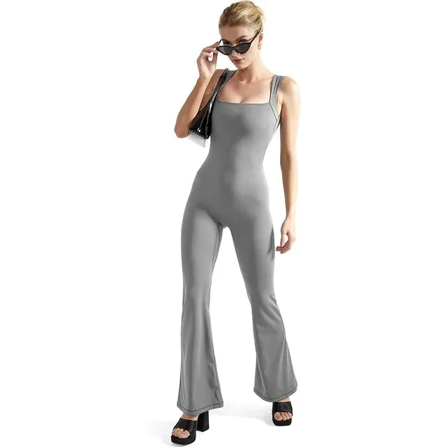Women's Sleeveless Bodysuit Flared Pants Square Neck Casual Jumpsuits