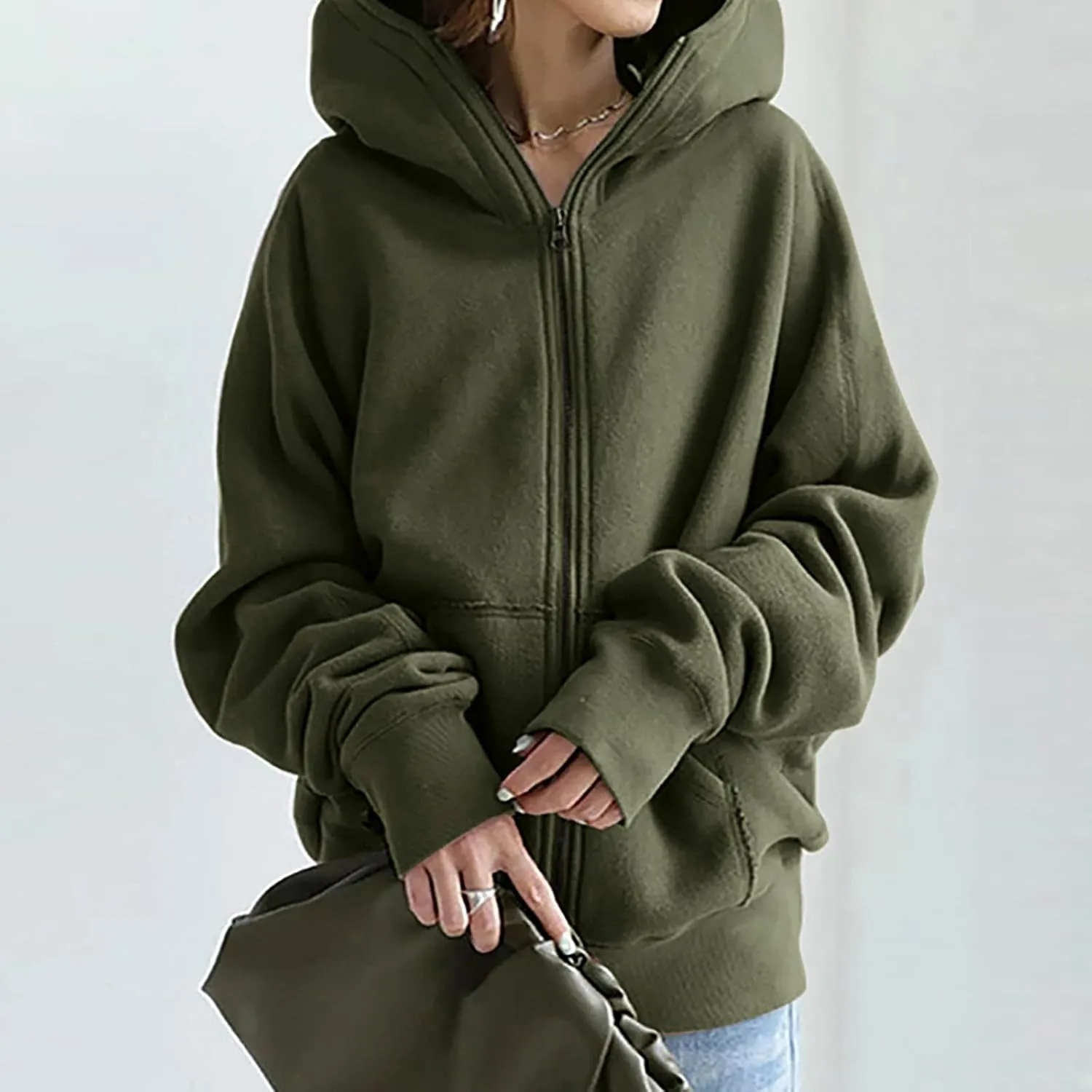 Women's Solid Color Hoodie Zip Up Hooded Sweatshirts Zipper Long Sleeve Tops Fall Coats Plus Size Jacket with Pockets