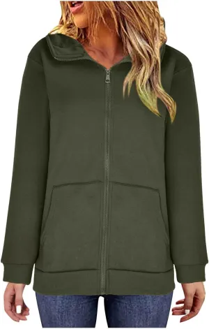Women's Solid Color Hoodie Zip Up Hooded Sweatshirts Zipper Long Sleeve Tops Fall Coats Plus Size Jacket with Pockets