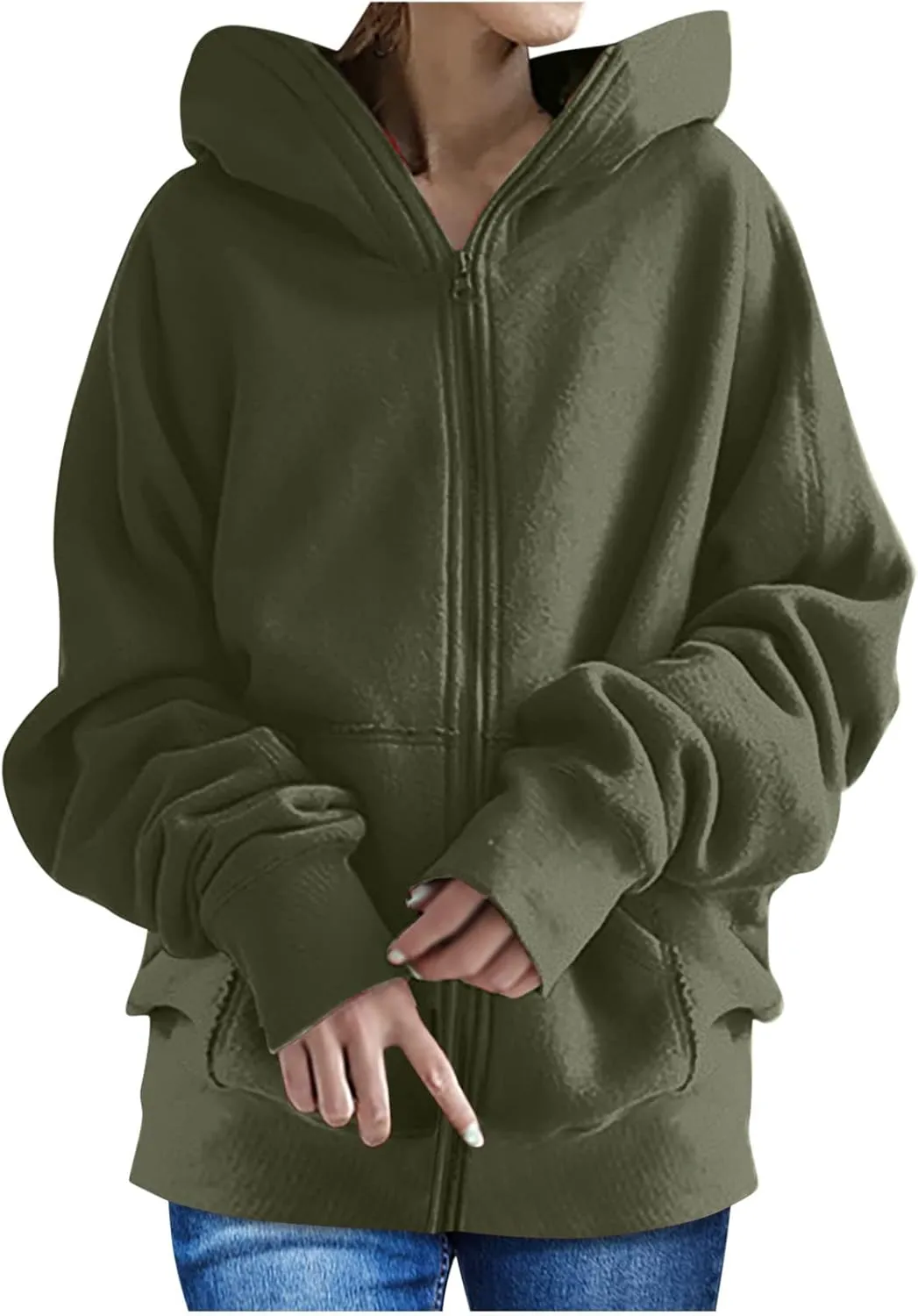 Women's Solid Color Hoodie Zip Up Hooded Sweatshirts Zipper Long Sleeve Tops Fall Coats Plus Size Jacket with Pockets