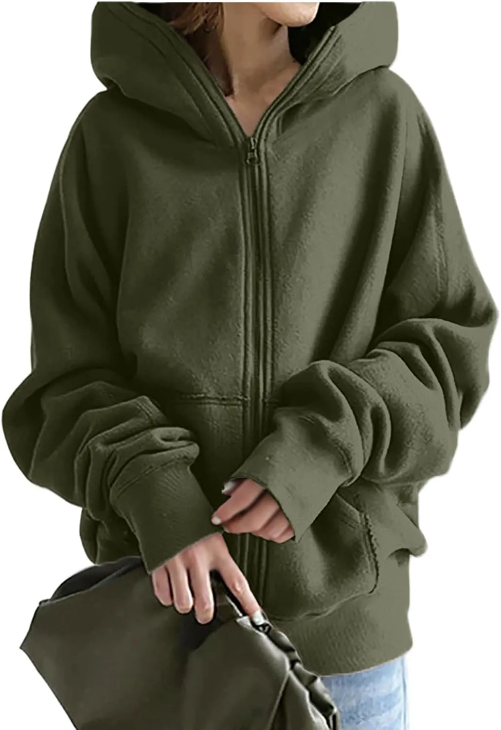 Women's Solid Color Hoodie Zip Up Hooded Sweatshirts Zipper Long Sleeve Tops Fall Coats Plus Size Jacket with Pockets
