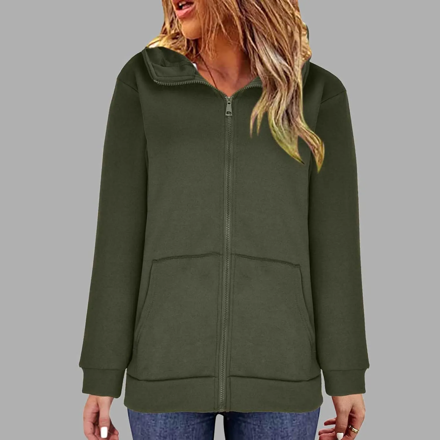 Women's Solid Color Hoodie Zip Up Hooded Sweatshirts Zipper Long Sleeve Tops Fall Coats Plus Size Jacket with Pockets
