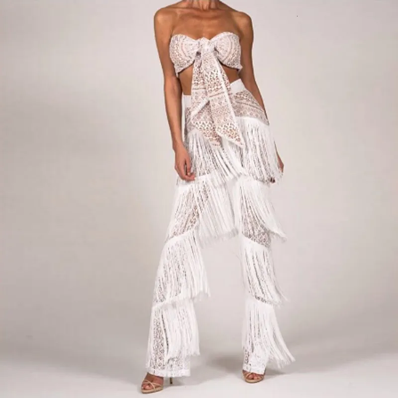 Women's Spandex Sleeveless Two-Piece Jumpsuit With Tassels