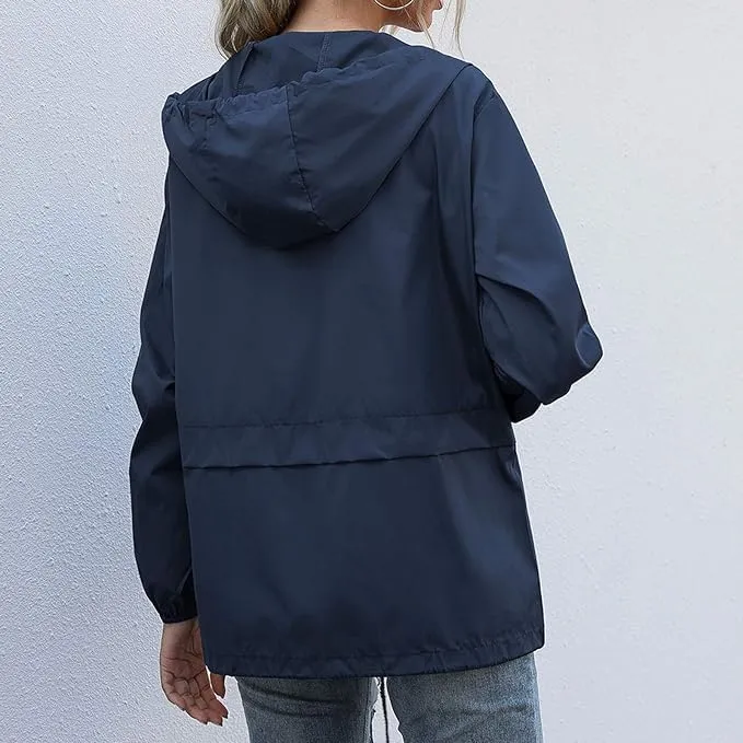 Womens Spring Jacket Waterproof Raincoat Lightweight Rain Jacket Hooded Windbreaker Outerwear with Pockets
