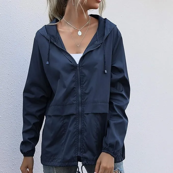 Womens Spring Jacket Waterproof Raincoat Lightweight Rain Jacket Hooded Windbreaker Outerwear with Pockets