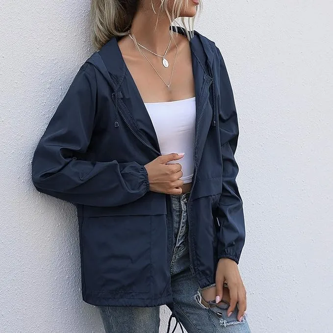Womens Spring Jacket Waterproof Raincoat Lightweight Rain Jacket Hooded Windbreaker Outerwear with Pockets