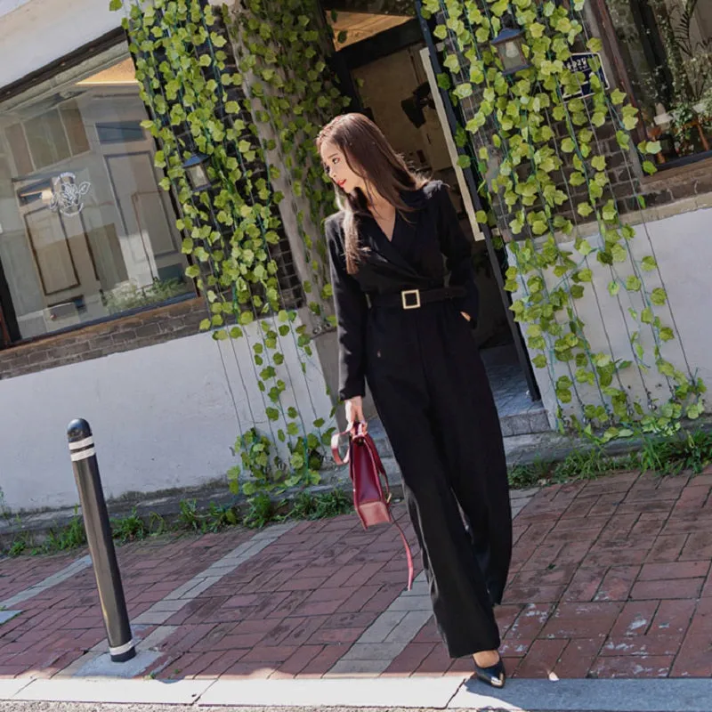 Women's Spring/Autumn Casual Loose Belted Long-Sleeved Jumpsuit