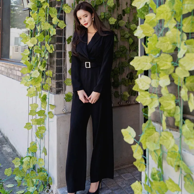 Women's Spring/Autumn Casual Loose Belted Long-Sleeved Jumpsuit
