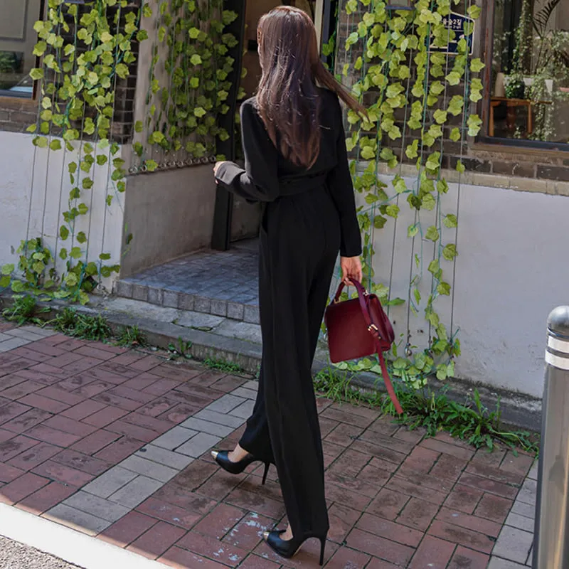 Women's Spring/Autumn Casual Loose Belted Long-Sleeved Jumpsuit