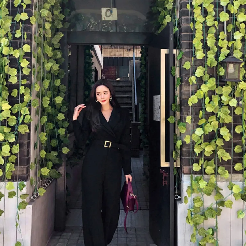 Women's Spring/Autumn Casual Loose Belted Long-Sleeved Jumpsuit