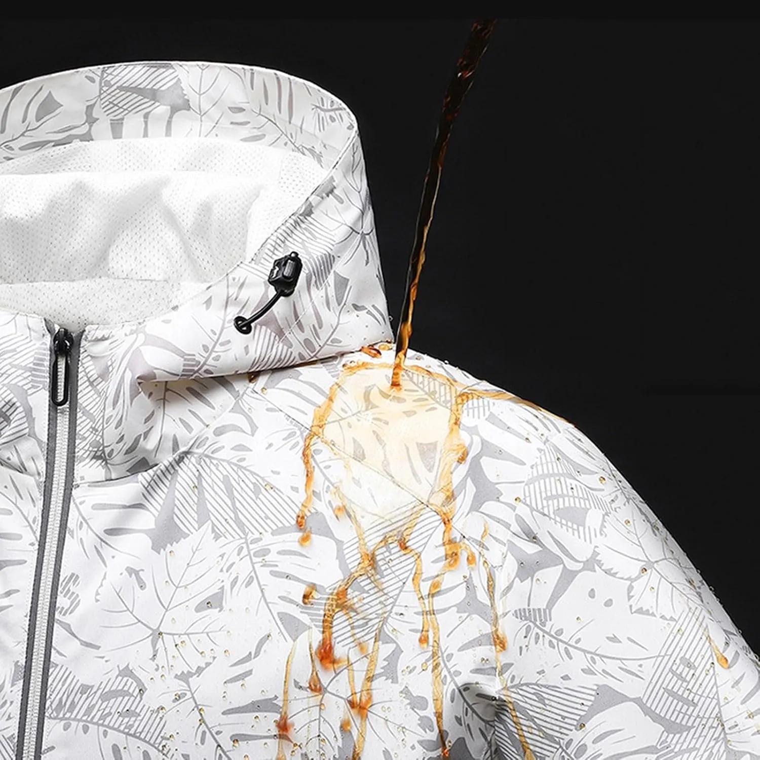 Womens Stylish Raincoat Leaves Print Hooded Rain Jacket Fall Lightweight Zipper Up Waterproof Windbreaker for Hiking