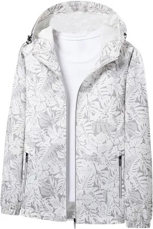 Womens Stylish Raincoat Leaves Print Hooded Rain Jacket Fall Lightweight Zipper Up Waterproof Windbreaker for Hiking