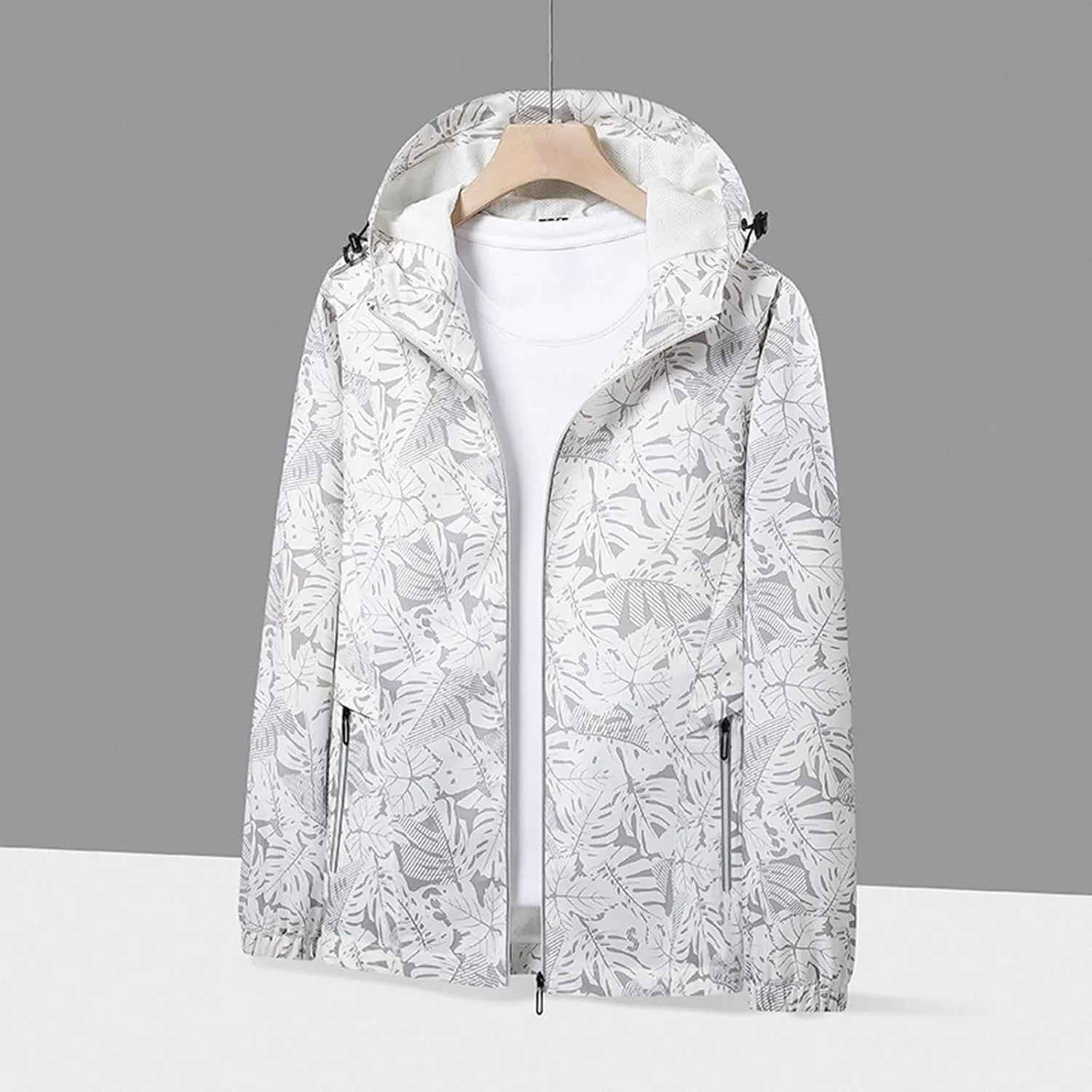 Womens Stylish Raincoat Leaves Print Hooded Rain Jacket Fall Lightweight Zipper Up Waterproof Windbreaker for Hiking