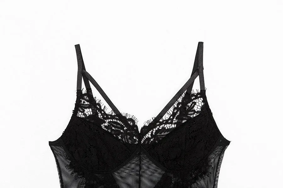 Women's Summer Backless Deep V-Neck Lace Bodysuit