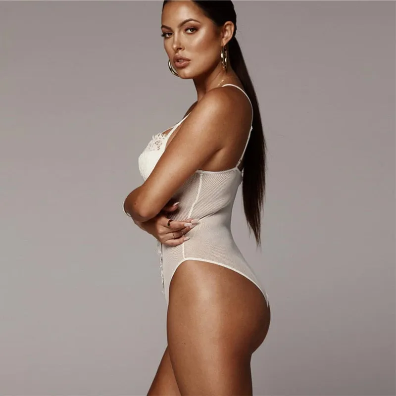 Women's Summer Backless Deep V-Neck Lace Bodysuit