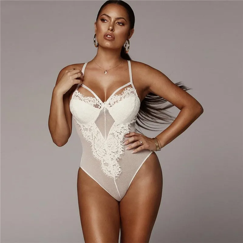 Women's Summer Backless Deep V-Neck Lace Bodysuit