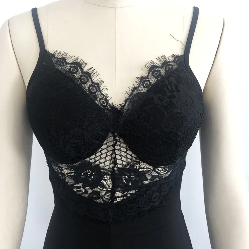 Women's Summer Backless Mesh V-Neck Jumpsuit With Lace