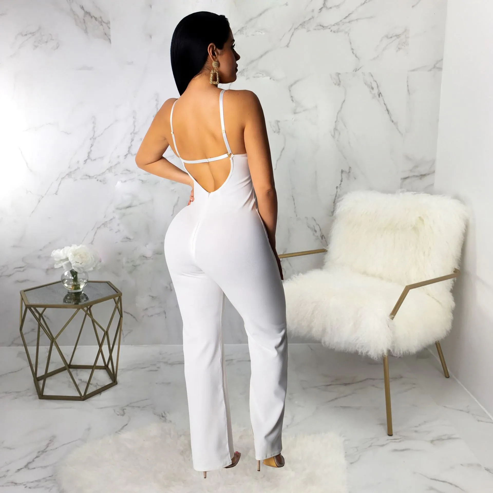Women's Summer Backless Mesh V-Neck Jumpsuit With Lace