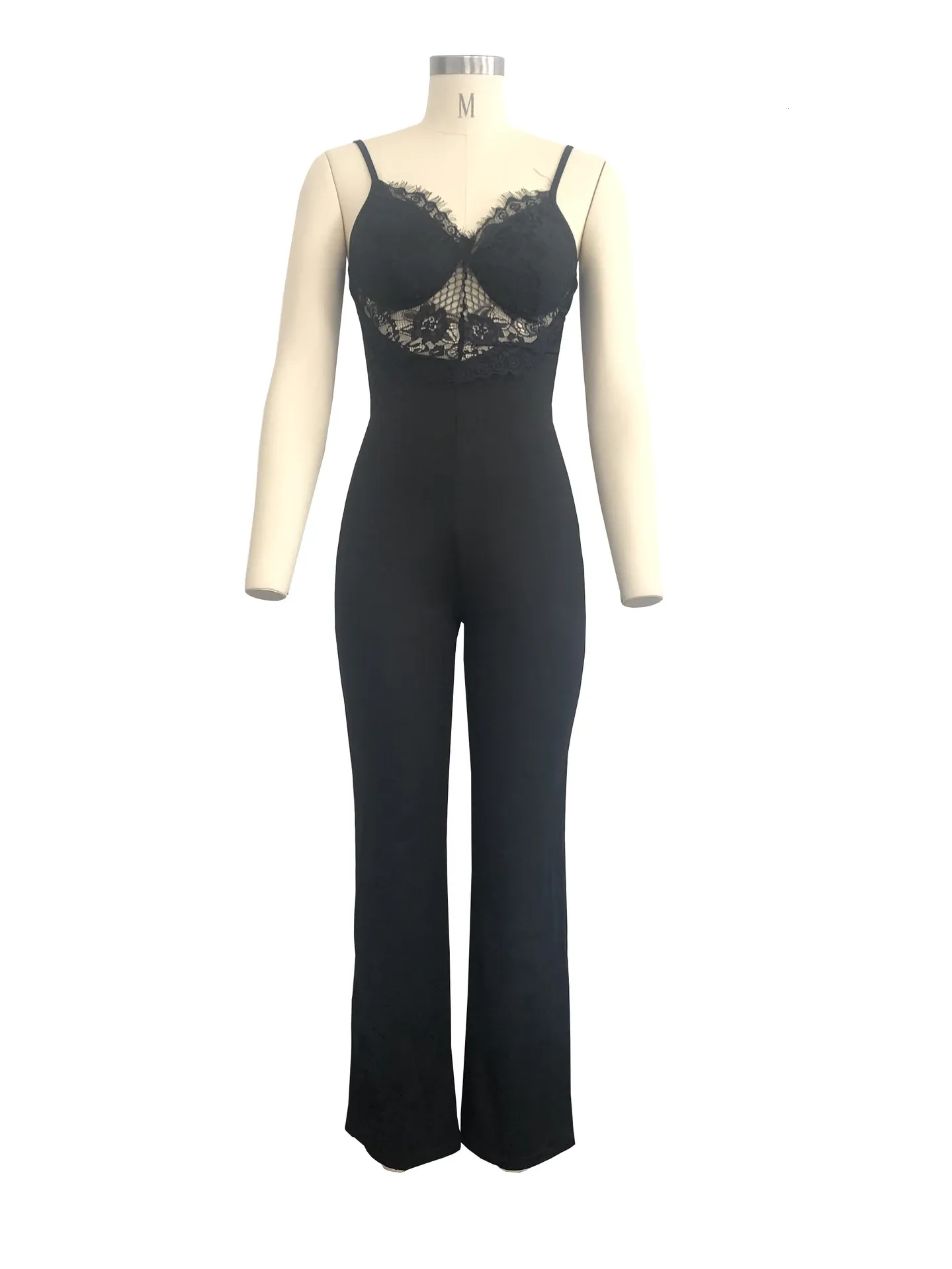 Women's Summer Backless Mesh V-Neck Jumpsuit With Lace