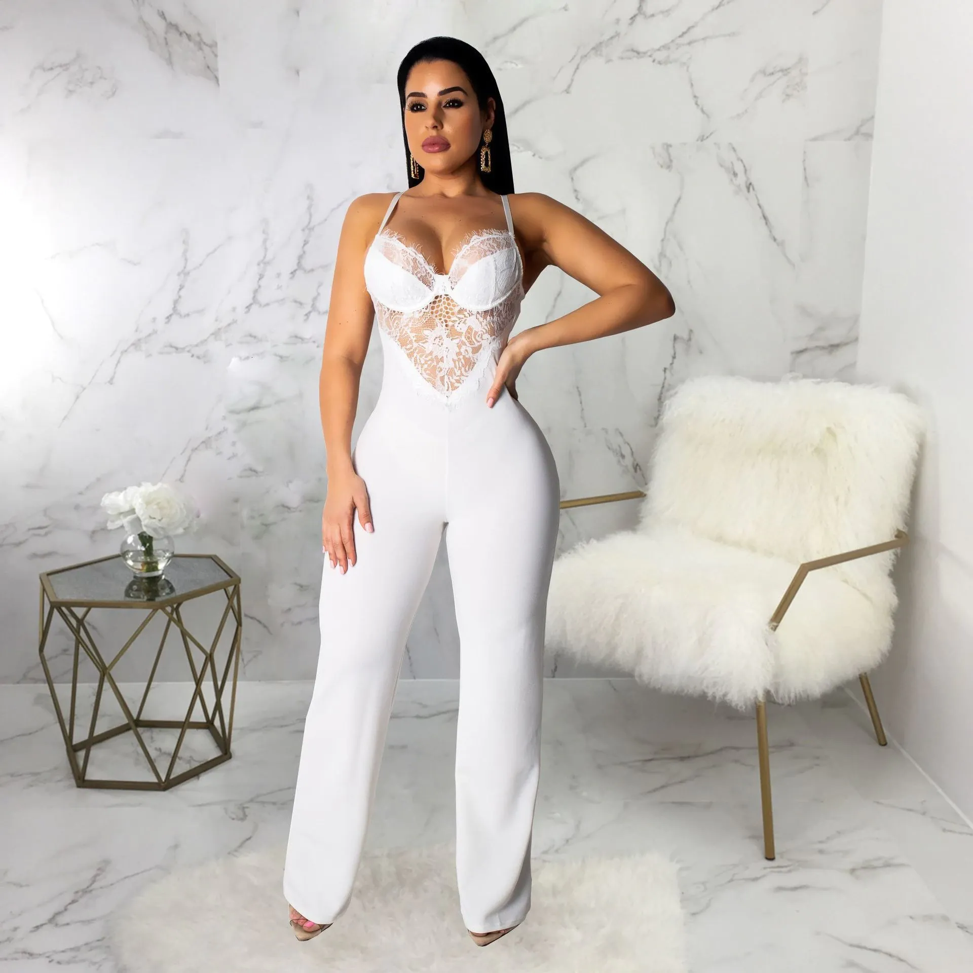 Women's Summer Backless Mesh V-Neck Jumpsuit With Lace