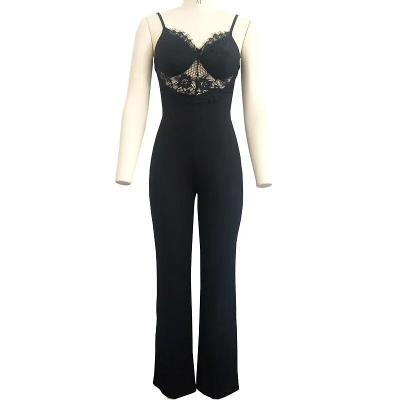 Women's Summer Backless Mesh V-Neck Jumpsuit With Lace