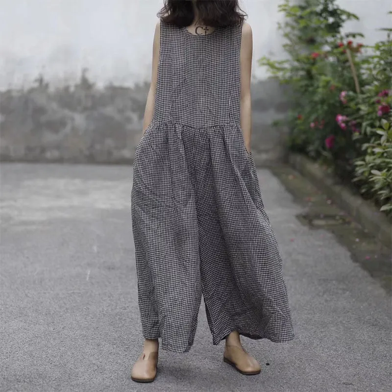 Women's Summer Casual Cotton Loose Sleeveless Jumpsuit