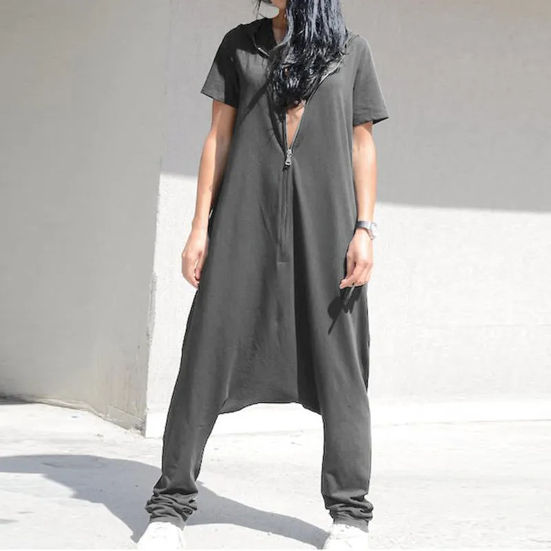 Women's Summer Casual Polyester Loose Jumpsuit With Zipper