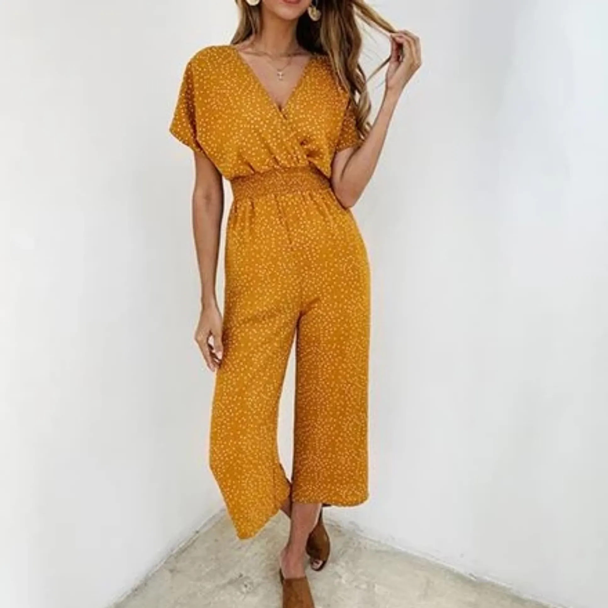 Women's Summer Casual V-Neck Short-Sleeved Jumpsuit