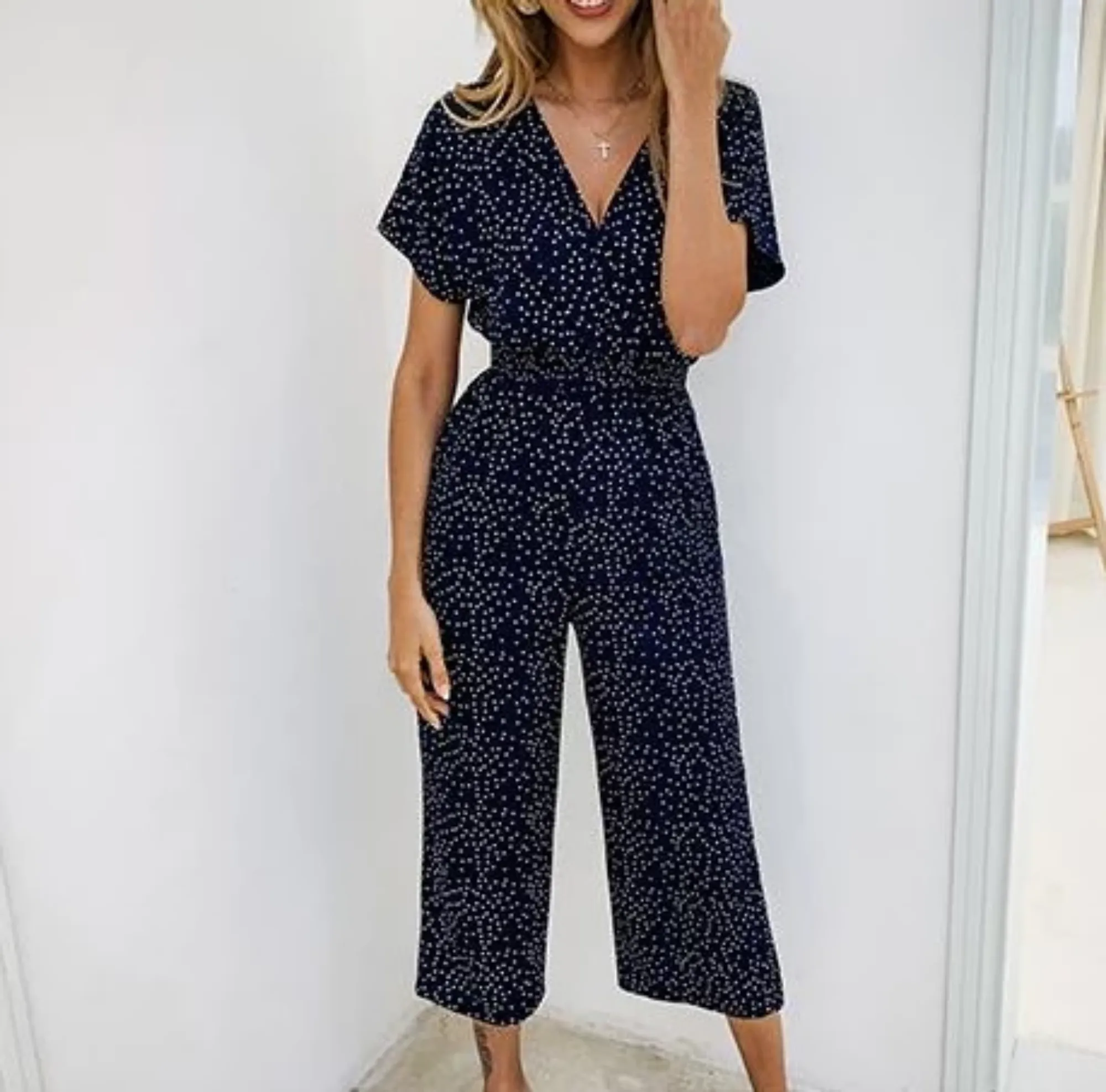 Women's Summer Casual V-Neck Short-Sleeved Jumpsuit