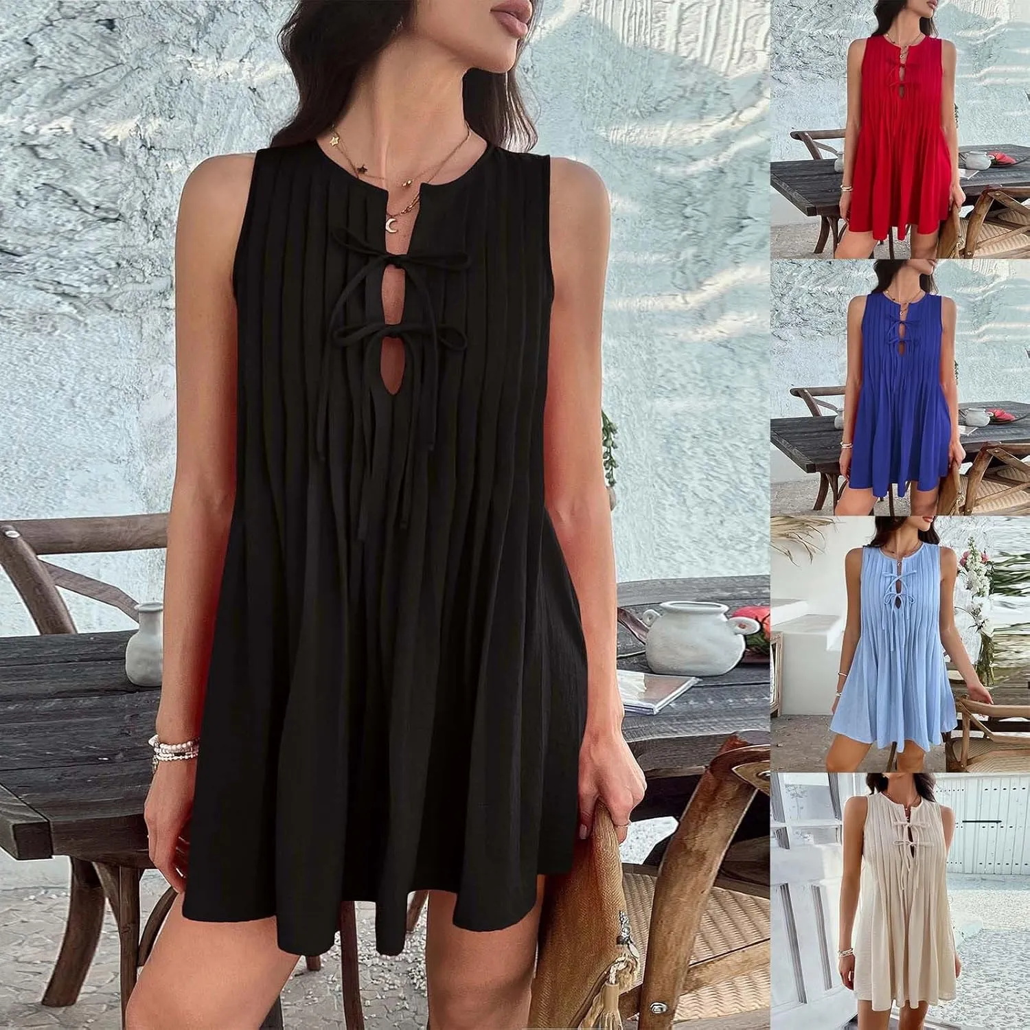Womens Summer Dress Sleeveless Tie Front Pleated Mini Skirts Loose Fit Casual Vacation Dressy Flowy Beach Outfits