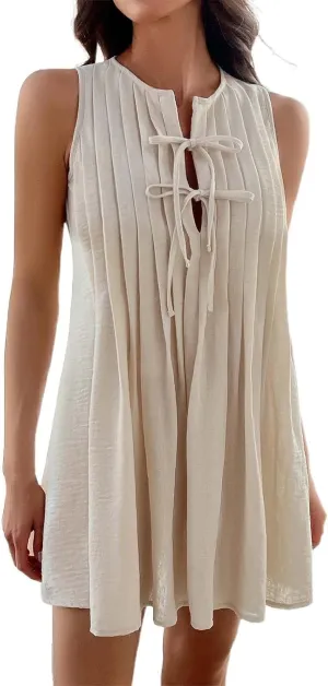 Womens Summer Dress Sleeveless Tie Front Pleated Mini Skirts Loose Fit Casual Vacation Dressy Flowy Beach Outfits