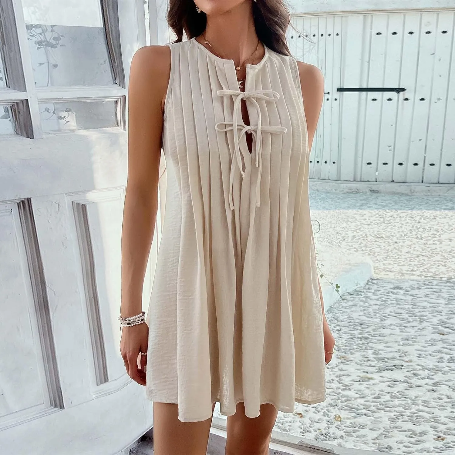 Womens Summer Dress Sleeveless Tie Front Pleated Mini Skirts Loose Fit Casual Vacation Dressy Flowy Beach Outfits