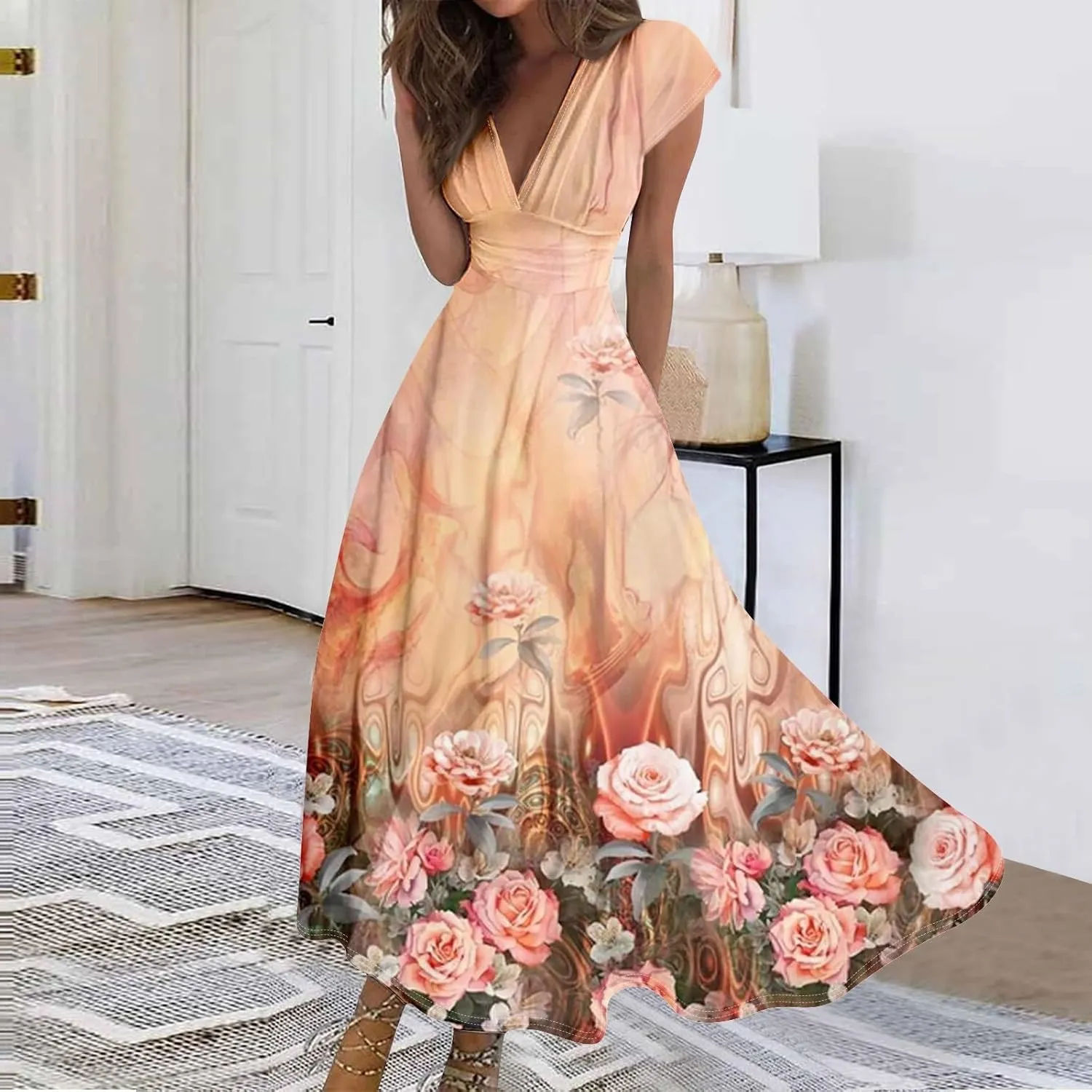 Womens Summer Dresses Wrap V Neck Floral Print Boho Dress Flowy Ruched Sleeveless Maxi Dress High Waist Sundress
