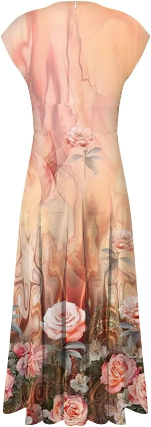 Womens Summer Dresses Wrap V Neck Floral Print Boho Dress Flowy Ruched Sleeveless Maxi Dress High Waist Sundress